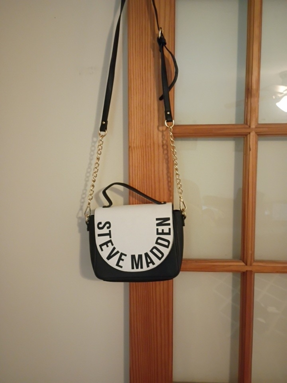 Steve Madden Black and White Logo Chain-Accent Crossbody